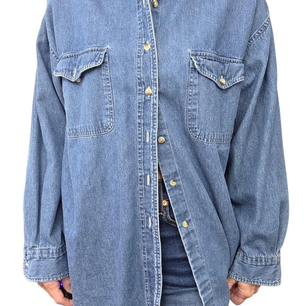 Terra Oversized Denim Button Up Shirt 100% Cotton Blue Size L